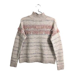 LOFT Oversized Boxy Light Pink Striped Knitted Sweater Mock Neck Fringe Soft S